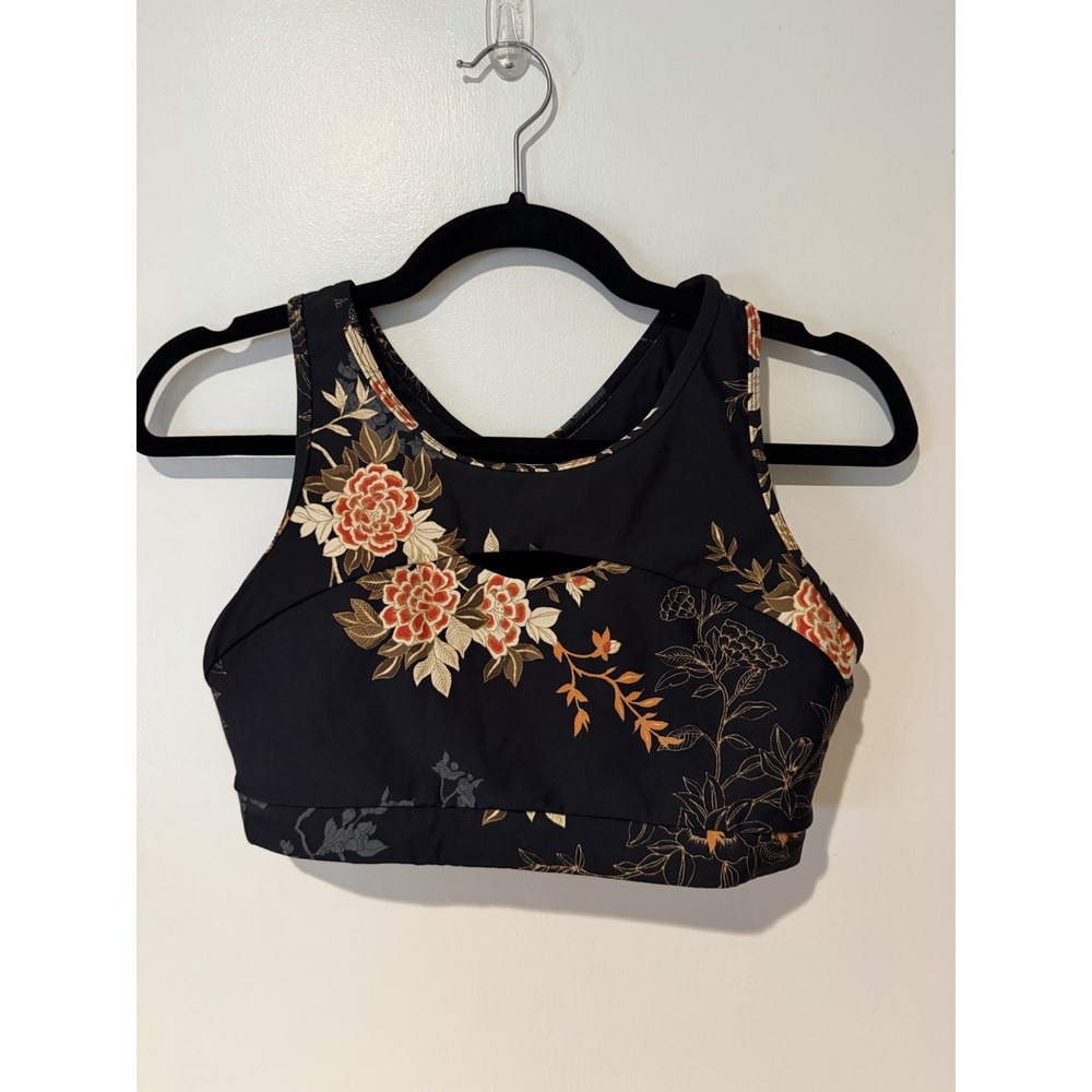 Running Bare Black Floral Sports Bra Size 4/6 Cut Out Front Racerback